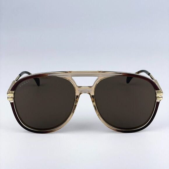 NEW Gucci GG1104S 002 Transparent Brown Gold Brown Pilot Unisex Sunglasses - Picture 1 of 11